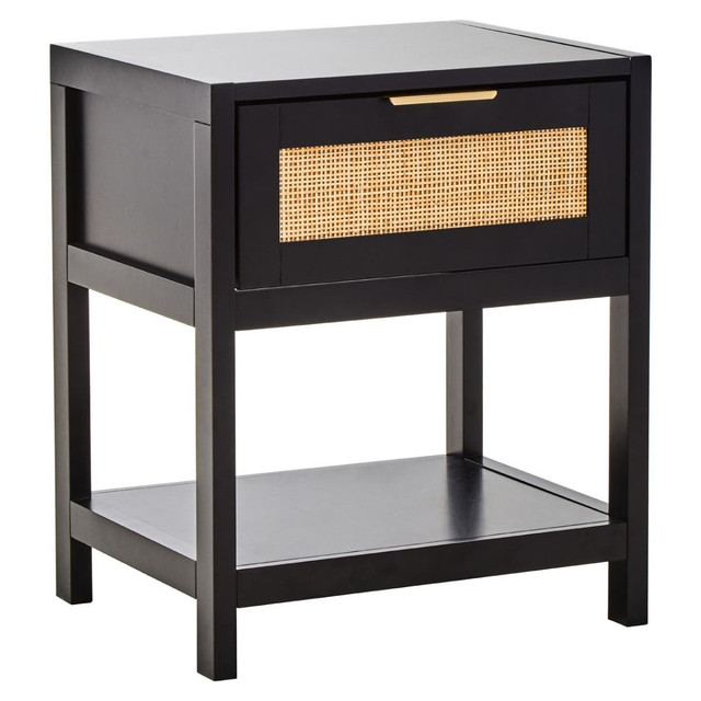 Premier Housewares Sherman Black Wood And Natural Rattan One Drawer Bedside Table