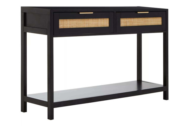 Premier Housewares Sherman Black Wood And Rattan Two Drawer Console Table