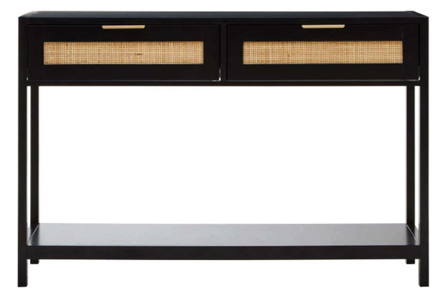premier housewares Sherman Black Wood and Rattan Two Drawer Console Table