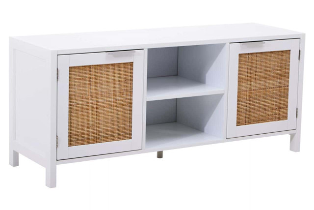 Premier Housewares Sherman White Wood And Rattan Media Unit