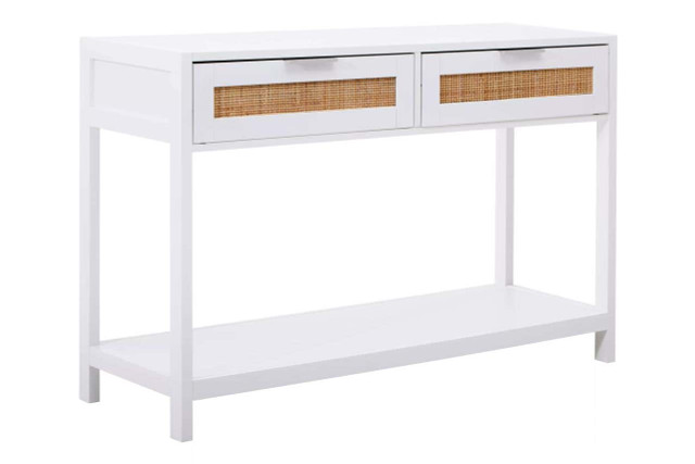 Premier Housewares Sherman White Wood And Rattan Two Drawer Console Table