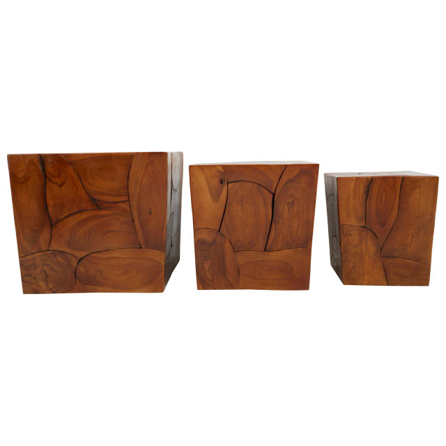 Premier Housewares Surak Set Of 3 Solid Teak Wood Side Tables And Stools