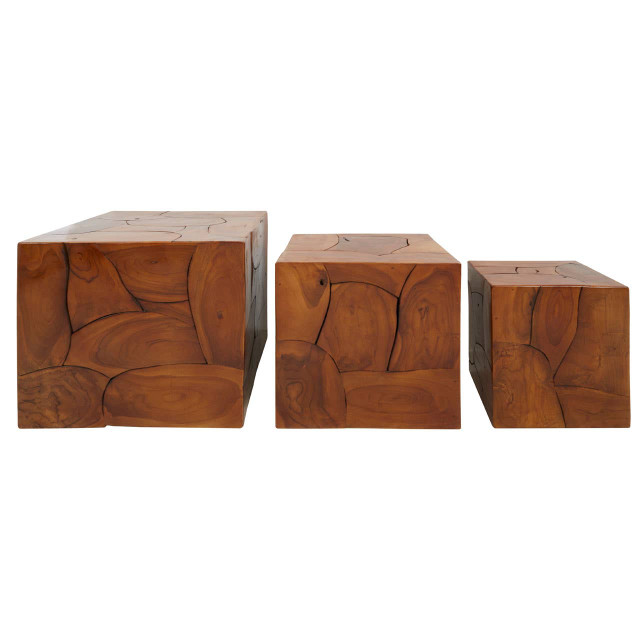 Premier Housewares Surak Set Of 3 Solid Teak Wood Side Tables And Stools