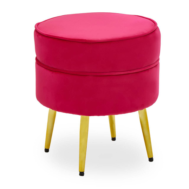 Premier Housewares Tamra Round Bright Pink Velvet Gold Leg Footstool