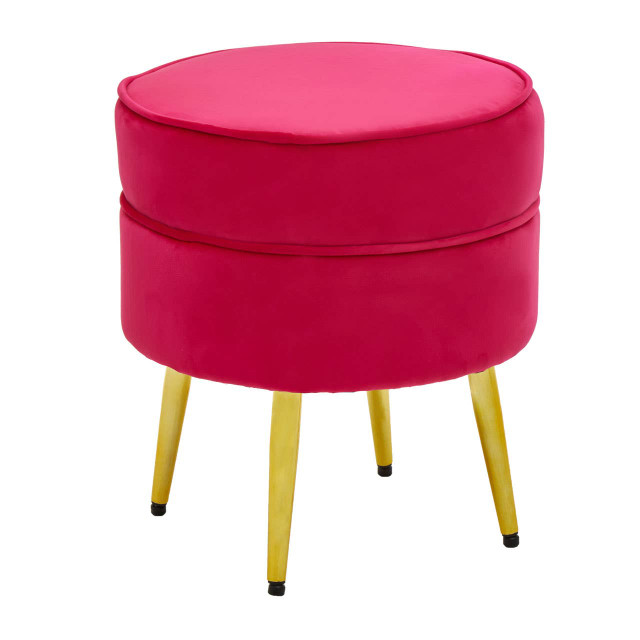 Premier Housewares Tamra Round Bright Pink Velvet Gold Leg Footstool