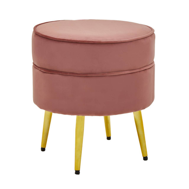 Premier Housewares Tamra Round Dusty Pink Velvet Gold Leg Footstool