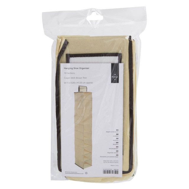 Premier Housewares Tavia Cream Brown Trim 10 Section Hanging Shoe Organiser