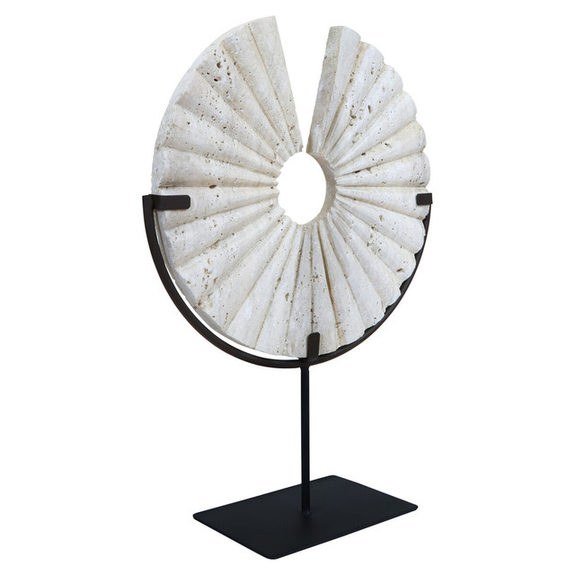 premier housewares Tibor Travertine Disc Sculpture with Black Metal Base premier housewares Tibor Travertine Disc Sculpture with Black Metal Base
