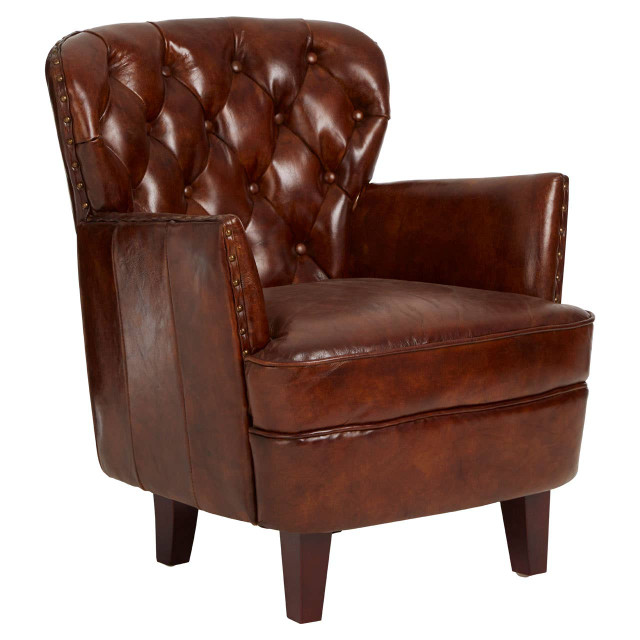 Premier Housewares Victor Brown Leather Armchair With Button Tufted Back