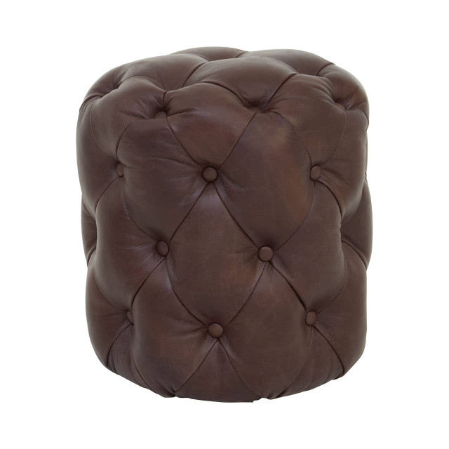 Premier Housewares Victor Button Tufted Brown Leather Stool