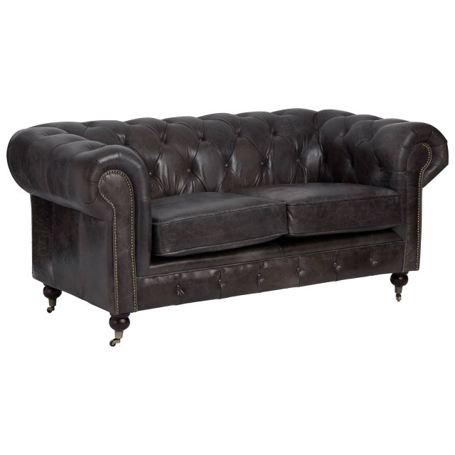 Premier Housewares Victor Dark Grey Brown Leather Chesterfield 2 Seat Sofa