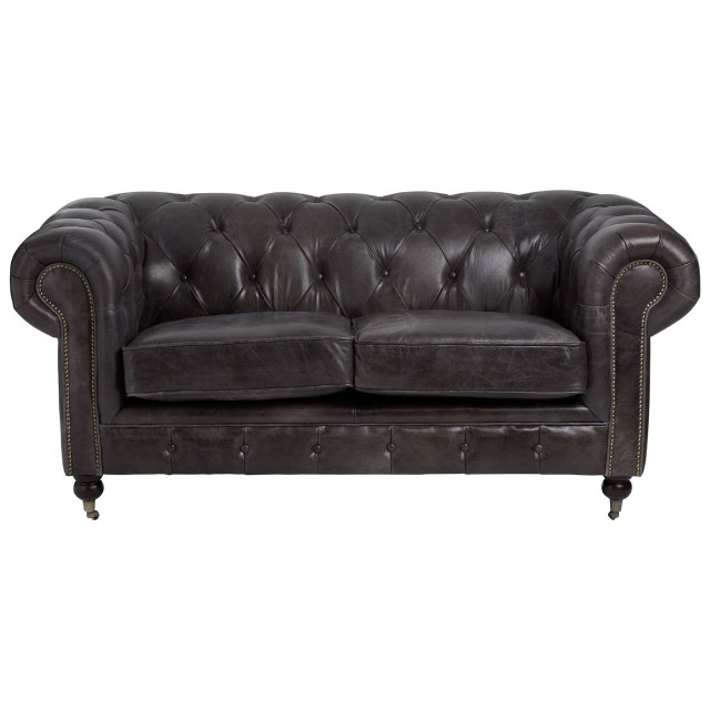 Premier Housewares Victor Dark Grey Brown Leather Chesterfield 2 Seat Sofa