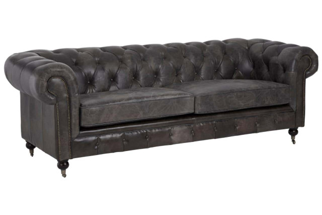 Premier Housewares Victor Dark Grey Brown Leather Chesterfield 3 Seat Sofa