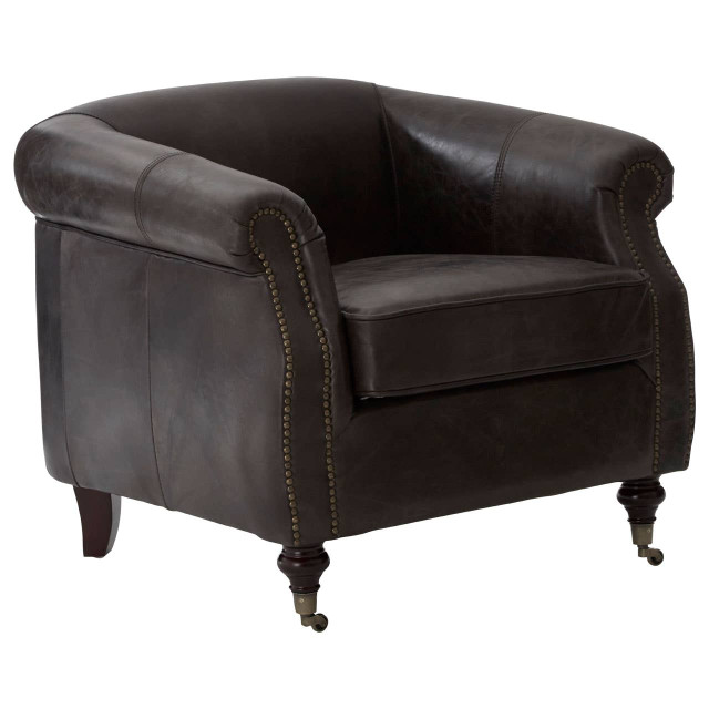 Premier Housewares Victor Dark Grey Brown Leather Curved Armchair