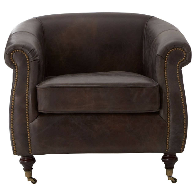 Premier Housewares Victor Dark Grey Brown Leather Curved Armchair