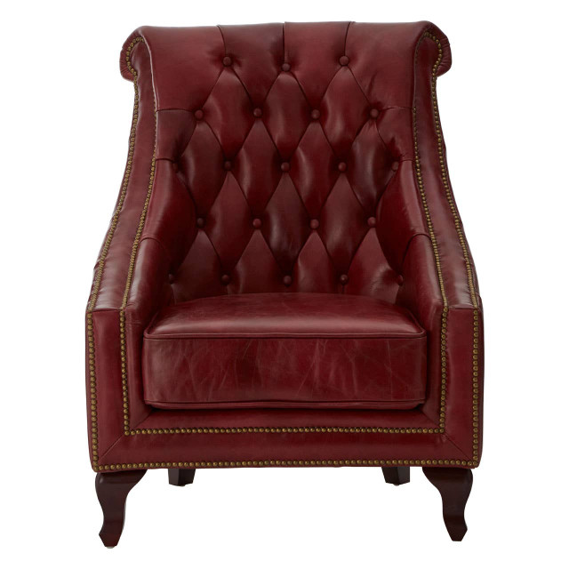 Premier Housewares Victor Deep Red Leather Lounge Chair With Tufted Back