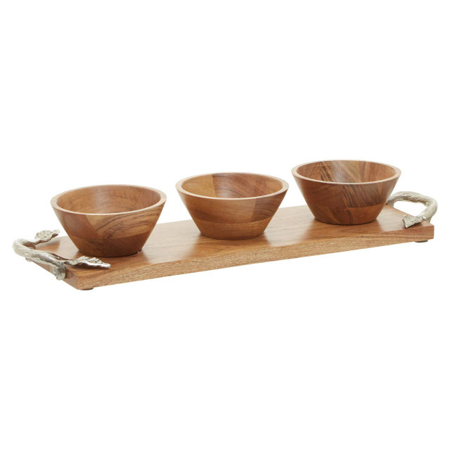 Premier Housewares Vine Acacia Wood Set Of 3 Dip Bowls With Tray