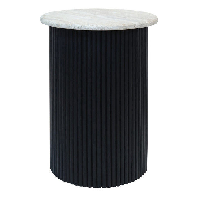premier housewares Walton Travertine Top Side Table with Black Acacia Wood Base