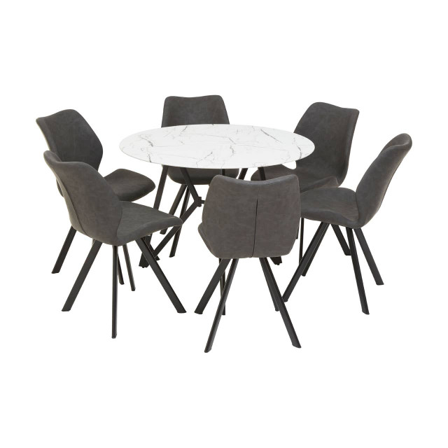 Premier Housewares Weston Round Marble Effect Dining Table With 6 Chairs Set