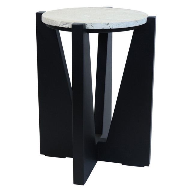 Premier Housewares Winton Travertine Top Side Table With Black Acacia Wood Frame