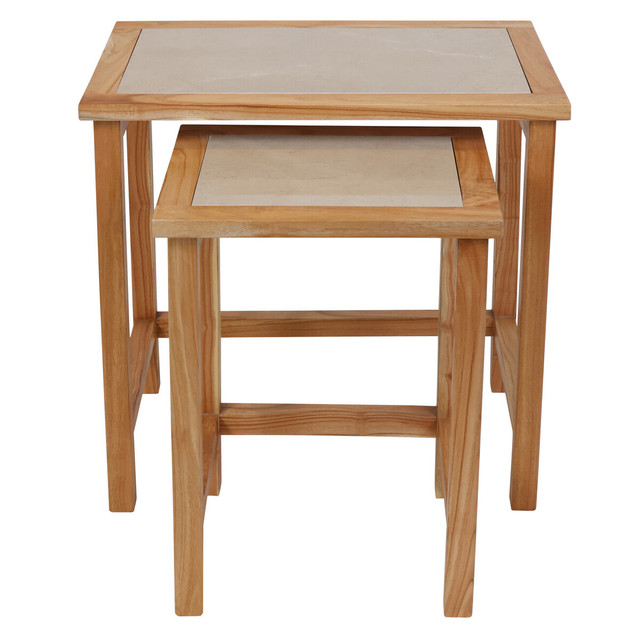 Premier Housewares Womad Large Set Of 2 Wooden Side Tables With Cream Marble Tops