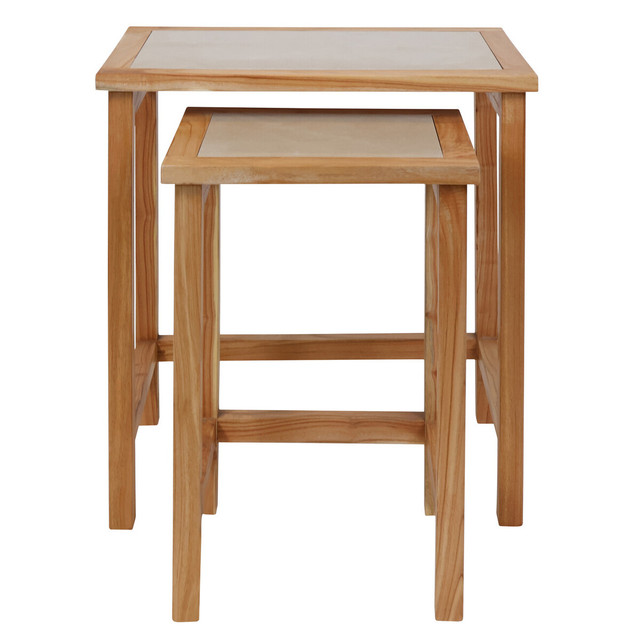 Premier Housewares Womad Large Set Of 2 Wooden Side Tables With Cream Marble Tops