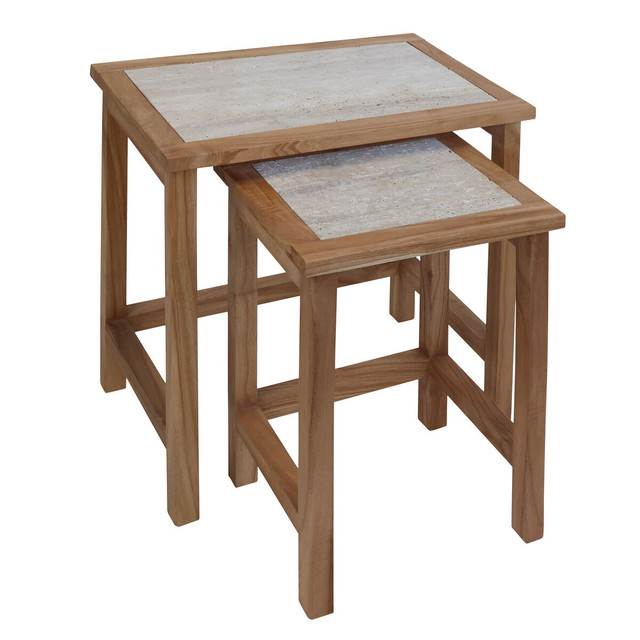 Premier Housewares Womad Large Set Of 2 Wooden Side Tables With Travertine Tops
