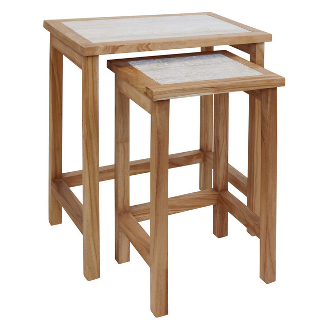 Premier Housewares Womad Large Set Of 2 Wooden Side Tables With Travertine Tops