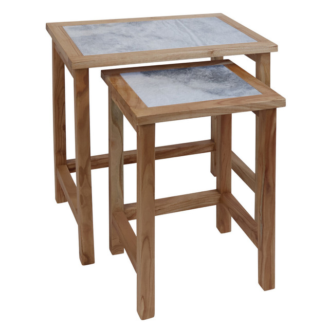 Premier Housewares Womad Large Set Of 2 Wooden Side Tables With White Marble Tops
