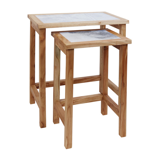 Premier Housewares Womad Large Set Of 2 Wooden Side Tables With White Marble Tops