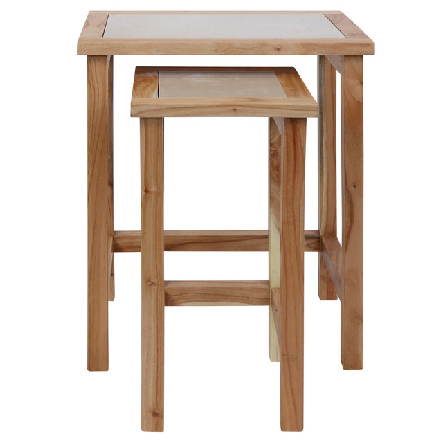 Premier Housewares Womad Small Set Of 2 Wooden Side Tables With Cream Marble Tops