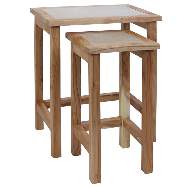 premier housewares Womad Small Set Of 2 Wooden Side Tables With Cream Marble Tops
