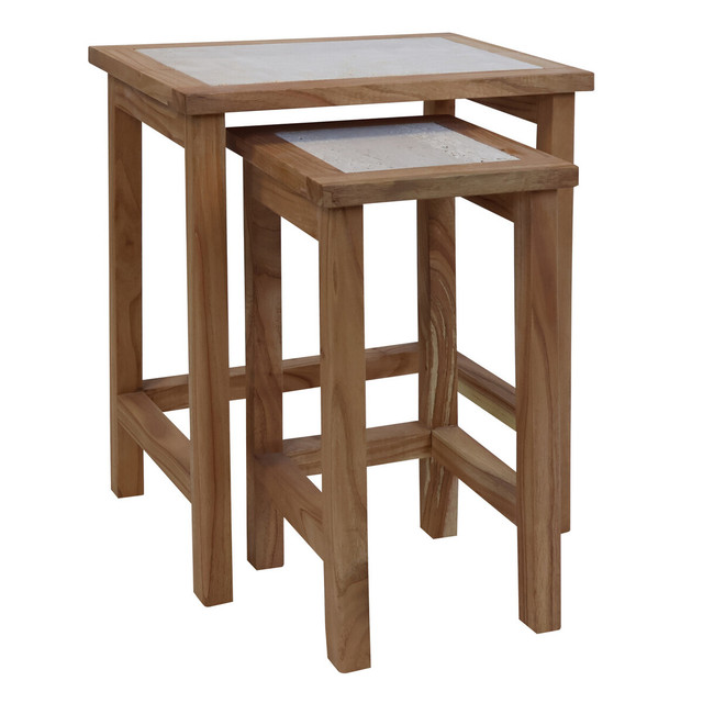 Premier Housewares Womad Small Set Of 2 Wooden Side Tables With Travertine Tops