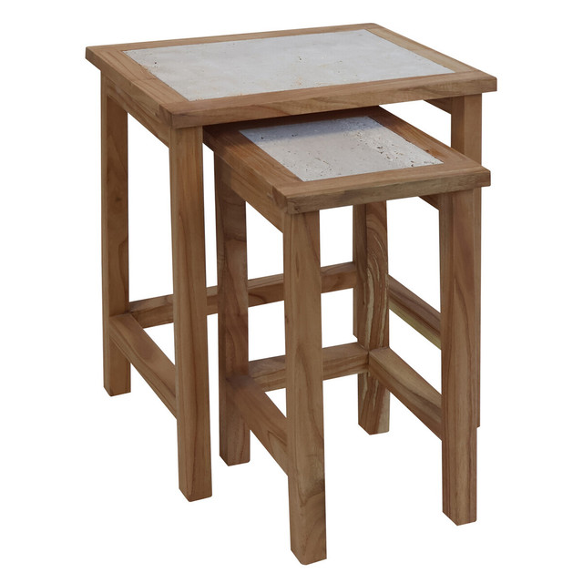 Premier Housewares Womad Small Set Of 2 Wooden Side Tables With Travertine Tops