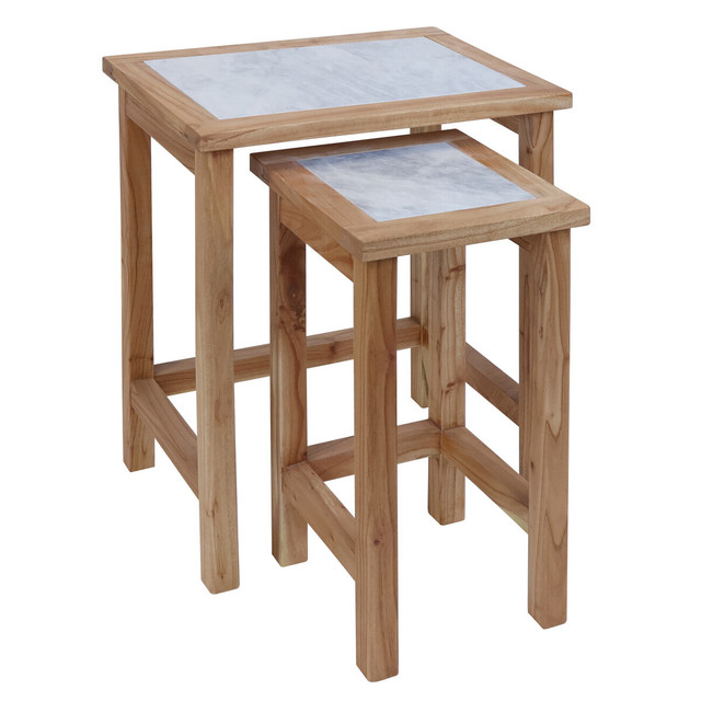 Premier Housewares Womad Small Set Of 2 Wooden Side Tables With White Marble Tops