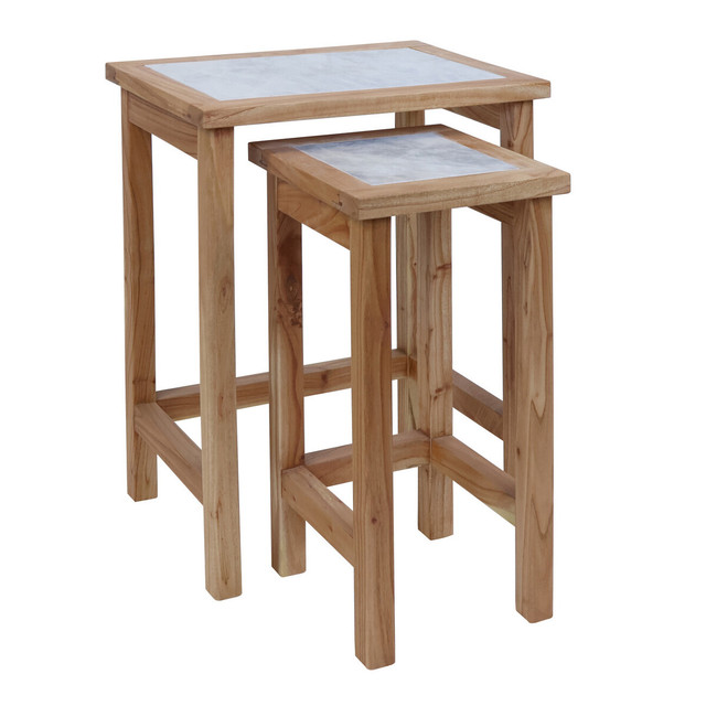 Premier Housewares Womad Small Set Of 2 Wooden Side Tables With White Marble Tops
