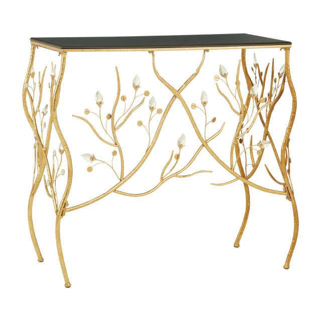 Premier Housewares Yaxi Rectangular Console Table With Gold Frame And Black Top