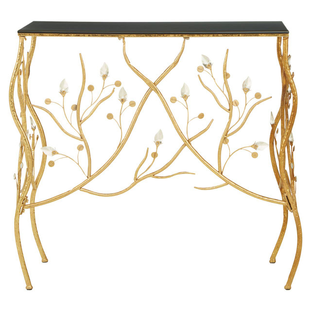 premier housewares Yaxi Rectangular Console Table With Gold Frame and Black Top
