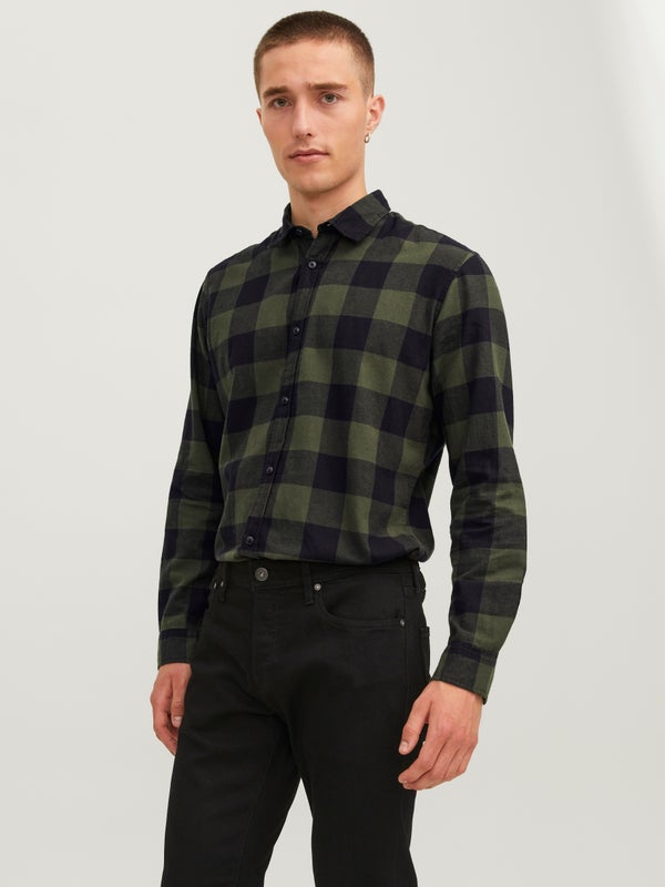 Premium By Jack & Jones Slim Fit Checked Shirt Green / Dusty Olive