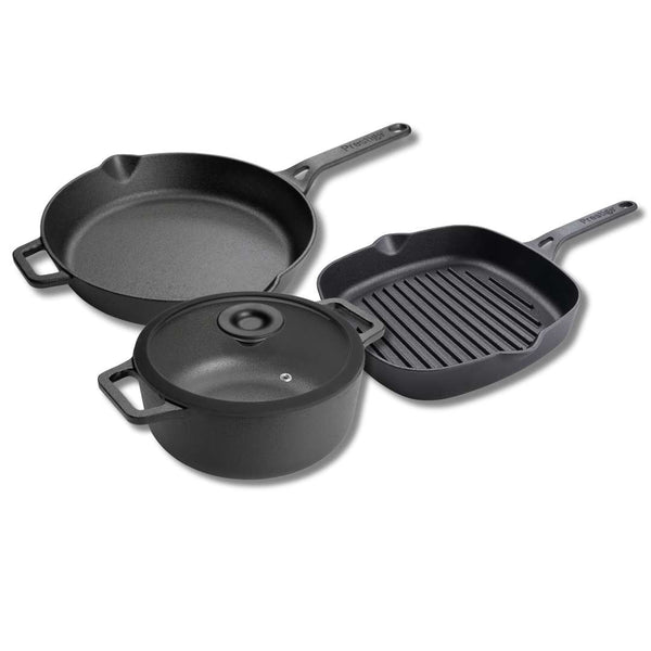 prestige Cast Iron: Casserole & Glass Lid - 5.7L Frying Pan & Grill Pan Set - 3 Pieces