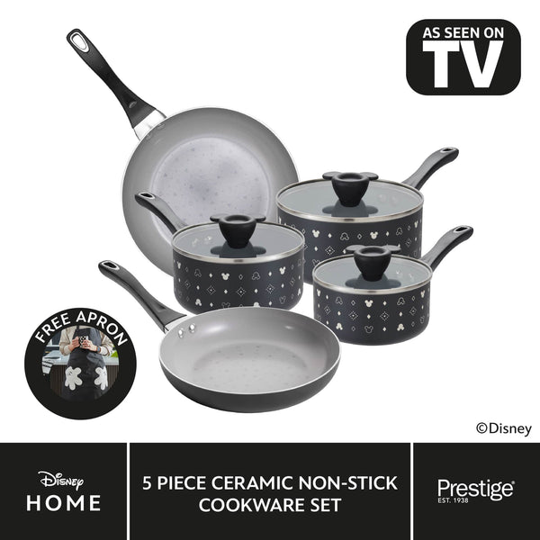 prestige Disney Monochrome: Ceramic Non-Stick Pan Set - 5 Pieces & FREE Apron