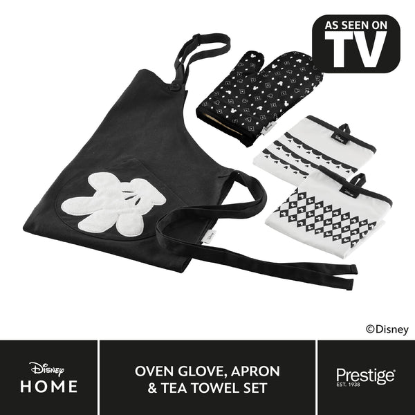 prestige Disney Monochrome Mickey Mouse Accessories Set - Charcoal Oven Glove Apron & Tea Towel