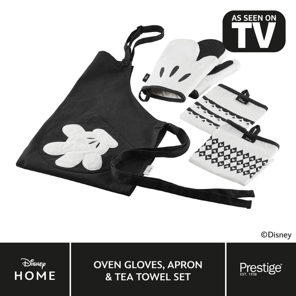 prestige Disney Monochrome Mickey Mouse Accessories Set - White Oven Gloves Apron & Tea Towel