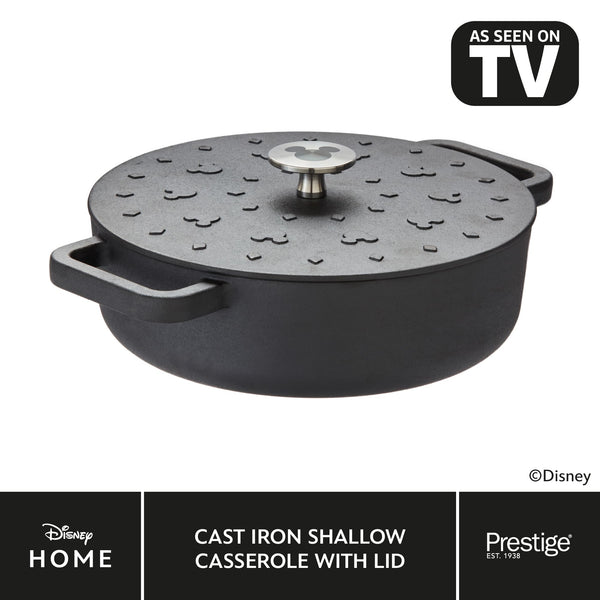 prestige Disney Monochrome Mickey Mouse Cast Iron Shallow Casserole with Lid - 2.8L/24cm
