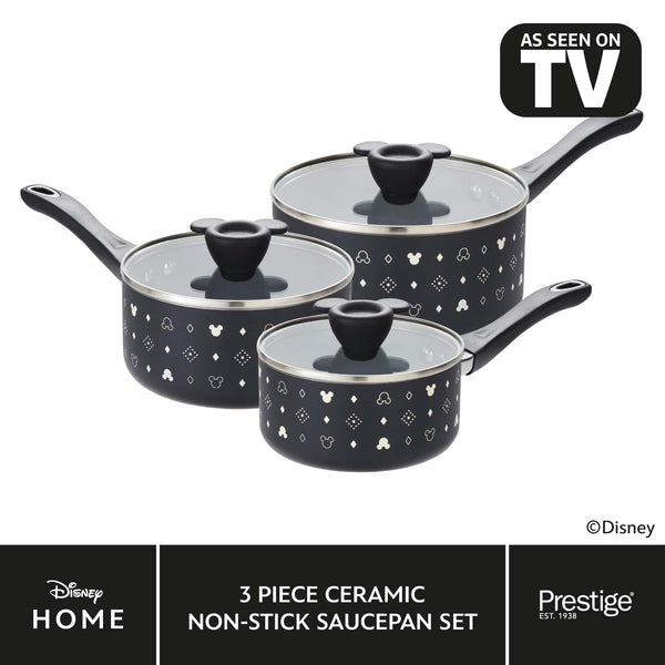 prestige Disney Monochrome Mickey Mouse: Ceramic Non-Stick Saucepans & Lids - 3 Pieces