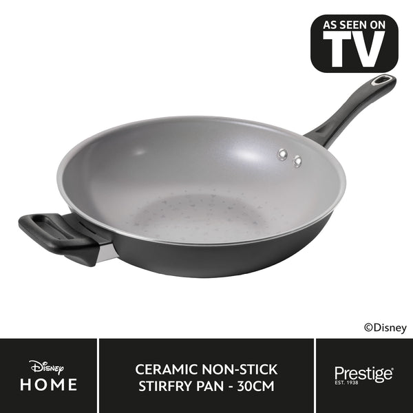 prestige Disney Monochrome Mickey Mouse: Ceramic Non-Stick Wok & Helper Handle - 30cm