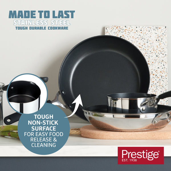 Prestige Made To Last: Stainless Steel Frying Pan Saucepan Straining Lids & Milk Pan Set - 5 Pieces