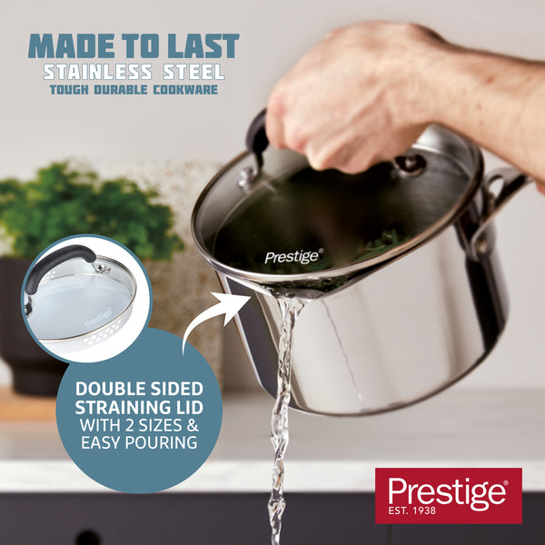 Prestige Made To Last: Stainless Steel Frying Pan Saucepan Straining Lids & Milk Pan Set - 5 Pieces