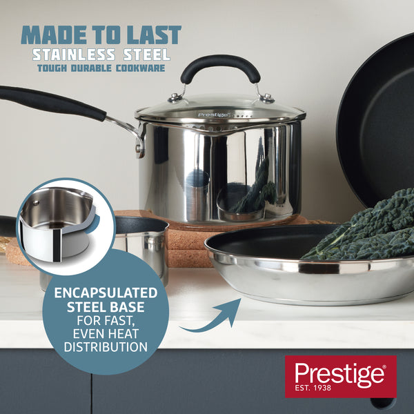 Prestige Made To Last: Stainless Steel Saucepan & Straining Lid - 3 Sizes: 16cm 18cm And 20cm