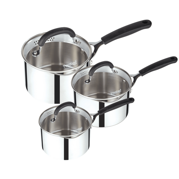 prestige Made to Last: Stainless Steel Saucepan & Straining Lid - 3 Piece Set